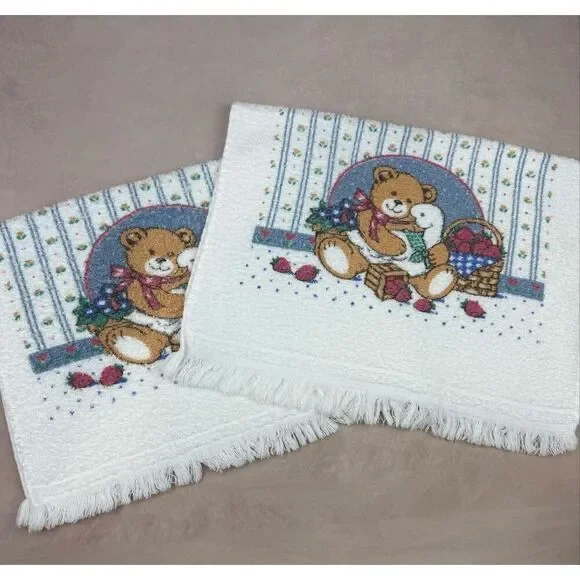 Vintage Bear Goose Hand Towels Set of 2 Cottagecore Hearts