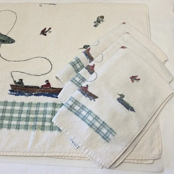 Cannon Fishing Hand Towel Set Cream Vintage Plaid Ducks Trout USA Rustic Cabin