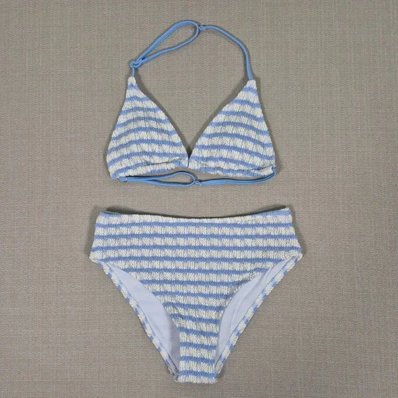 Girls Blue White Striped Smocked Halter Bikini Set Size 11Y