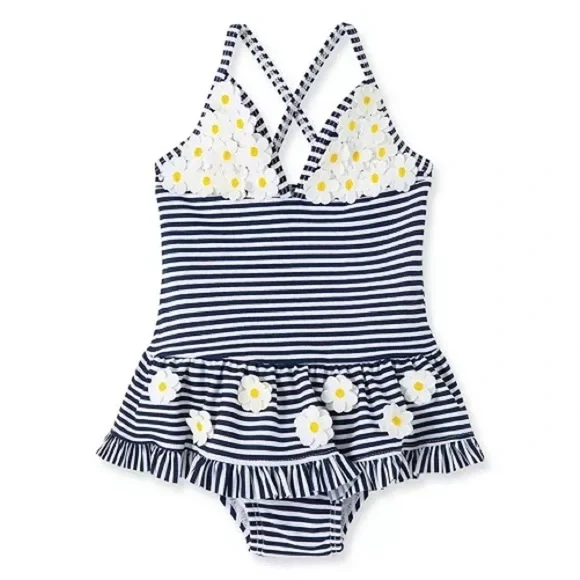 Little Me Navy and White Gingham Swimsuit with Daisy Details