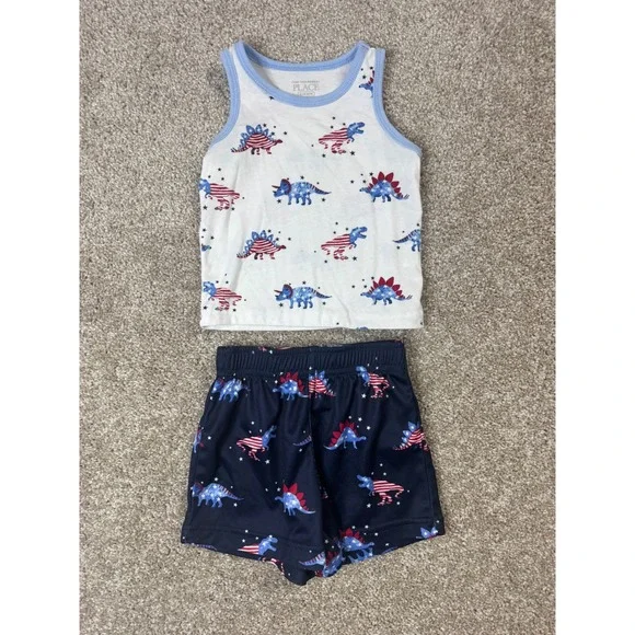 The Childrens Place Baby Boys Patriotic Dinosaur Tank and Mesh Shorts Set 9-12M