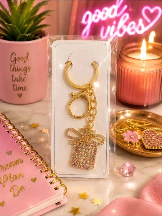 Gold tone Gift Bag Keychain with multi-color rhinestones