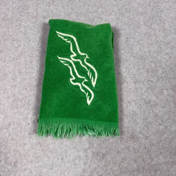 Vintage 70s Ames Green Hand Towel Embroidered Seagulls Fringed USA Made