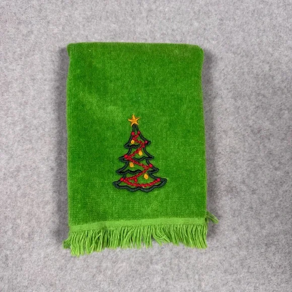 Vintage 70s Zodiac Green Christmas Tree Embroidered Cotton Hand Towel Fringe USA