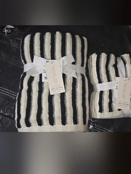 RACHEL ZOE Black & White Striped Cotton Hand Towels And Washcloths