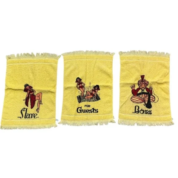 Cannon Yellow Novelty Hand Towel Set 3 Boss Slave Guests Harem Pinup Vintage