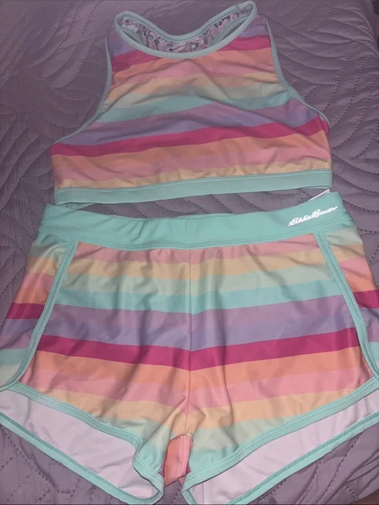 Eddie Bauer Girls Pastel Rainbow Striped Swim Top and Shorts