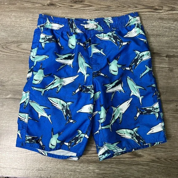 Old Navy Shark Print Swim Trunks Boys Medium Blue Elastic Waist Beach 7