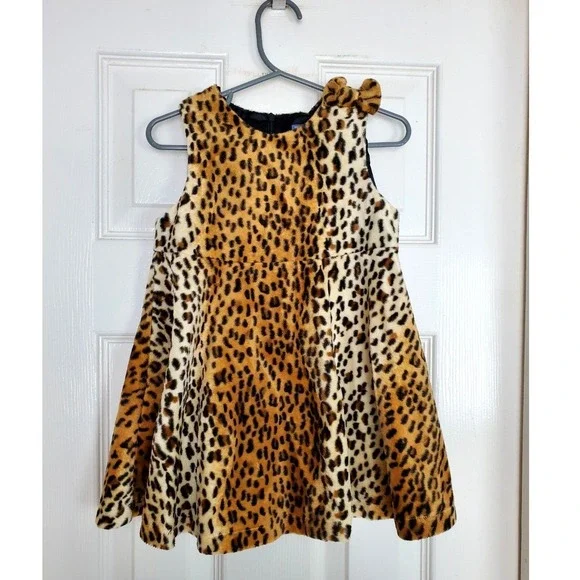 The Children's Place Dress Leopard Faux Fur‎ Bow Sleeveless Party Holiday 24M