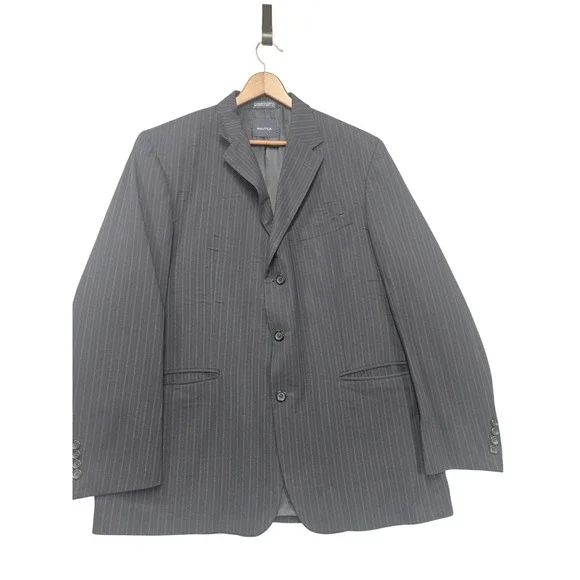 Nautica Mens 44R Wool Pinstripe Blazer 3 Button Sport Coat Grey Blue M722