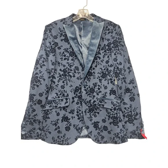 J. Ferrar Evening Edition Mens 36R Slim Fit Teal Floral Velvet Flocked Blazer
