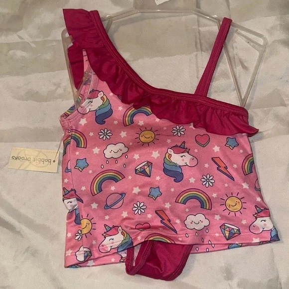 Bobbie Brooks Girls Unicorn Rainbow Ruffle One Shoulder Tankini‎ Swimsuit XS 4/5