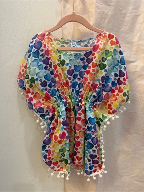 Coral Kids Rainbow Heart Swim Coverup with Pom-Pom Trim