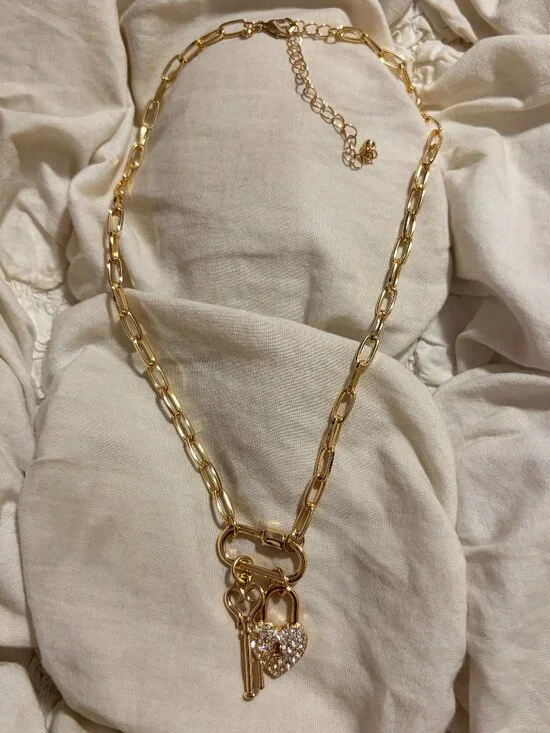 Free People Gold Link Lock and Key Statement Necklace