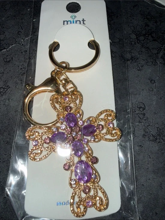 Mint Gold-Tone Cross Keyring with Purple Gemstones
