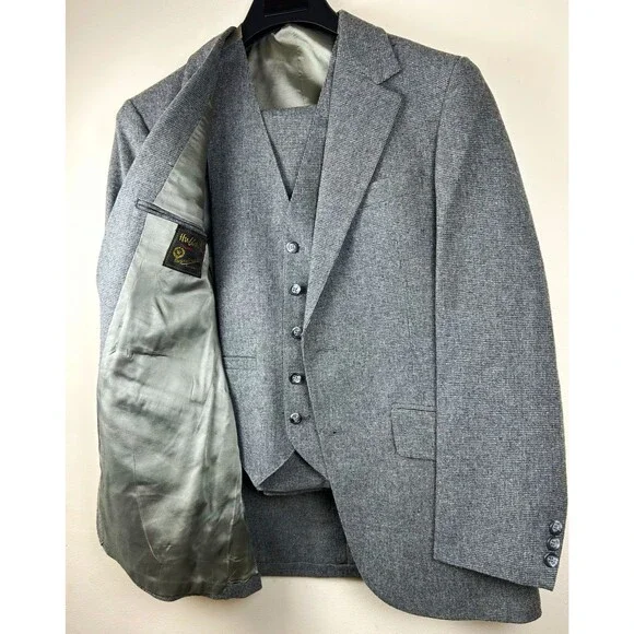 Vintage 70s Hubbard Gray Tweed Wool 3-Piece Suit 34R Jacket Vest Pants 30X31
