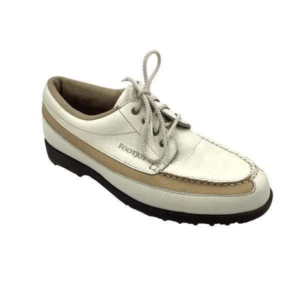 Footjoy Golf Shoes 98512 Ladies 7.5 M‎ White Tan Stripe Leather Pebble Womens