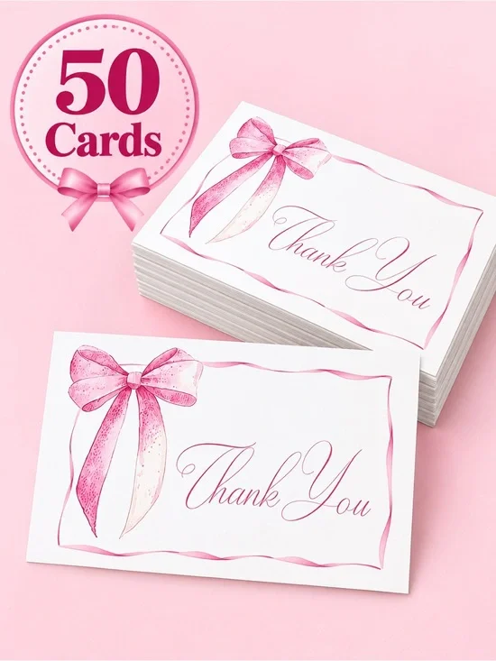 50 Thank You Cards Pink Bow Gift Packaging Business Small Cards