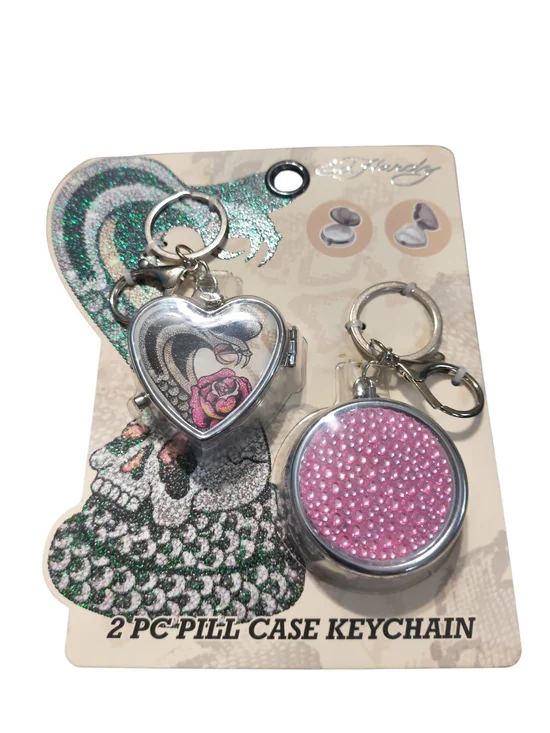 Ed Hardy Silver Keychain Pill Cases with Pink Accents - Heart & Round