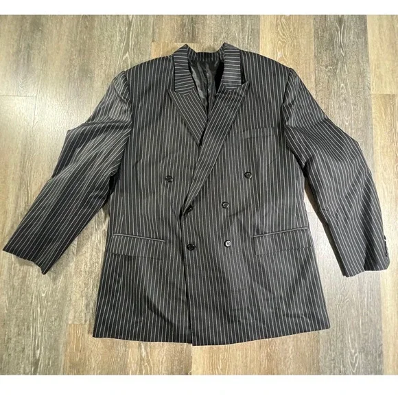 Dormeuil Blazer Men 46L Black Pinstripe Double Breasted Peak Lapel Suit Jacket