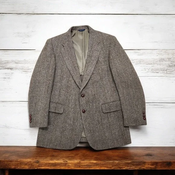 VTG Cricketeer Blazer Mens 40R Brown Herringbone Wool Tweed Sport Coat READ