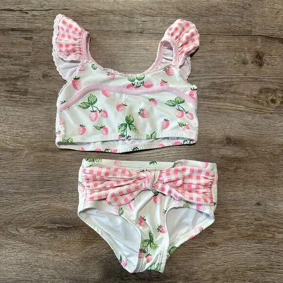 Sweethoney Girls 5Y Swimsuit 2 Piece Swim Pink Ruffle Strawberry Sweet Honey 5