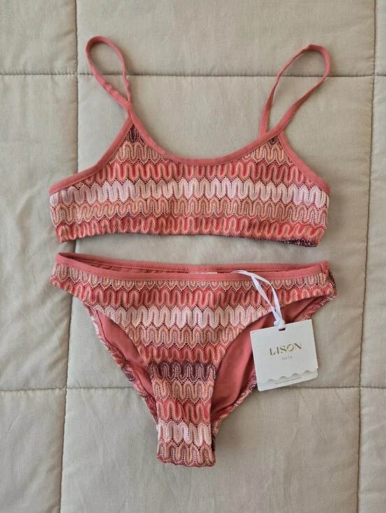 Lison Paris Sunset Coral Two-Piece Swimsuit Bikini Zig Zag Pattern Girls 12 Yrs