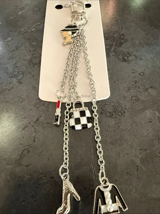 Silver Tone Women’s Fashion Charm Keychain with Black & White Accents