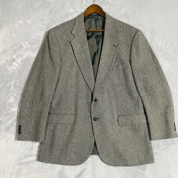 Towncraft Blazer Mens 44R Grey Herringbone Tweed Wool Two Button Sport Coat