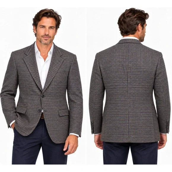 Joseph Abboud Heritage Soft Jacket 46S Navy Brown Houndstooth Wool /Linen Blazer