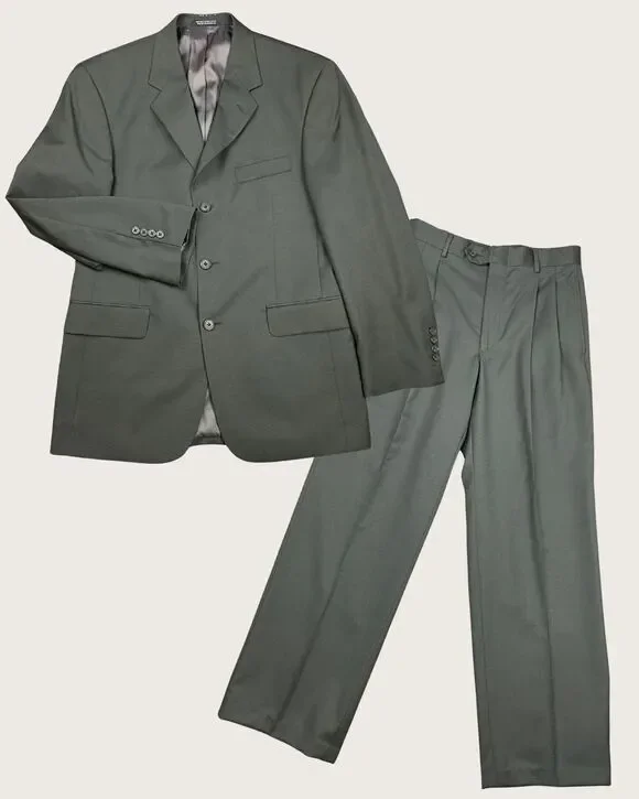 Stafford Mens Olive Green Wool Suit Set 2PC Jacket Pants 38R 29x29 Vintage