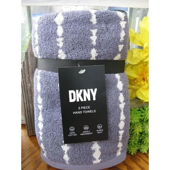 New Donna Karan DKNY Blue w/ White Pattern Stripe Bathroom Hand Towels Set of 2