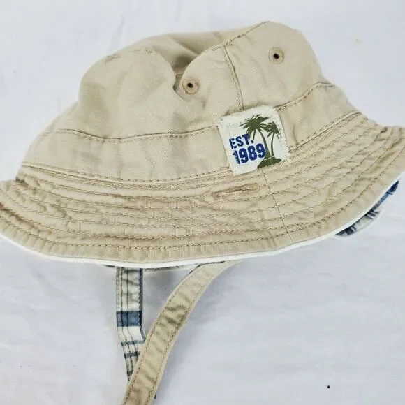 Children's Place Beige Plaid Cotton Bucket‎ Hat Size 6-12M Chin Strap