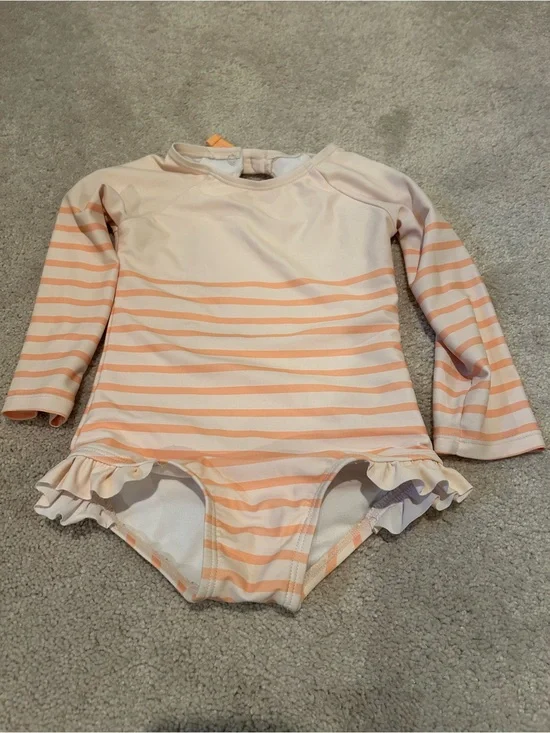 Girls Peach & Cream Striped Long-Sleeve One-Piece Swimsuit with Ruffle Hem