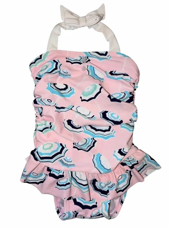 Janie and Jack Pink Umbrella Print Ruffle Swimsuit 6-12M Beach Bungalow Halter