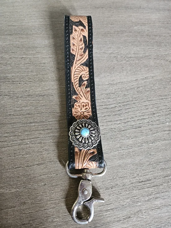 Handtooled Floral Genuine Leather Tan & Black Key Fob Turquoise Concho -NWOT