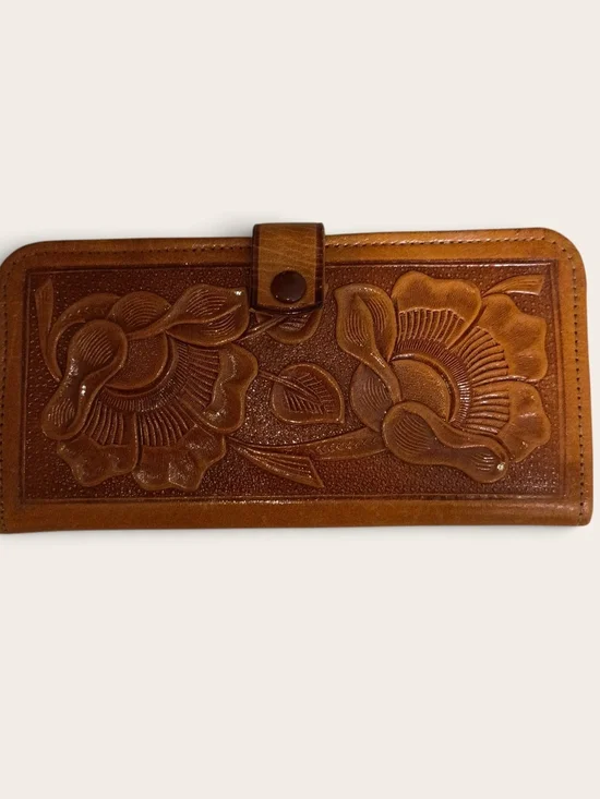 Vintage Hand Tooled Leather Wallet Embossed Floral Design