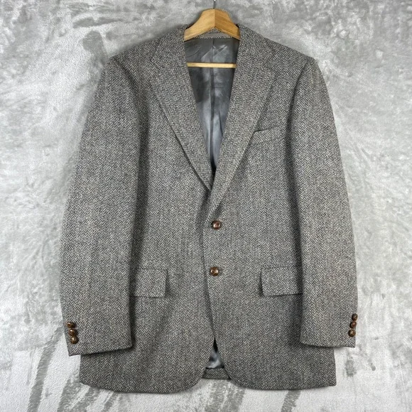 Vintage Harris Tweed Blazer Men 42 Gray Scottish Herringbone Wool Jacket