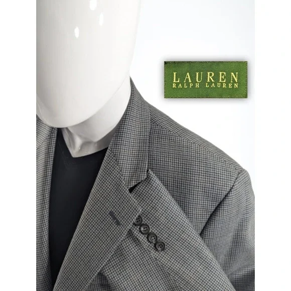 Ralph Lauren Blazer Sports Coat Silk Wool Gray Houndstooth Suit‎ Jacket 42S 46