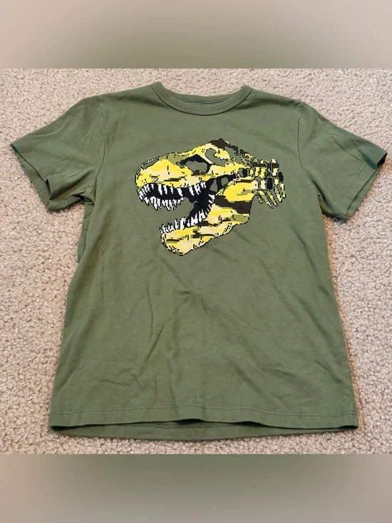 Olive Green Tee with Yellow Dinosaur Skull Graphic Size S (5/6)