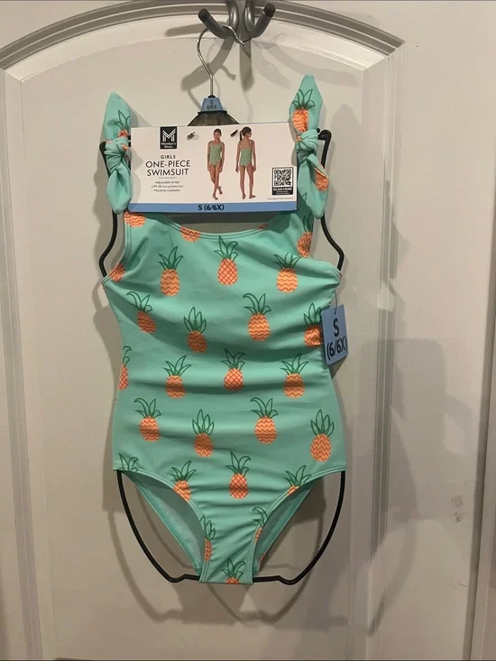 Girls One-Piece Swimsuit in Mint with Pineapple Print - Size S