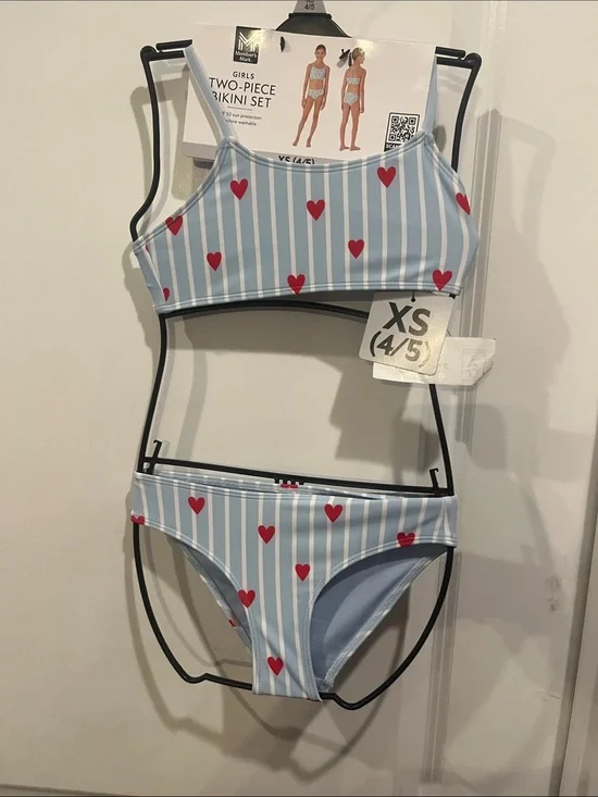 Girls Light Blue Stripe Bikini Set with Red Hearts - XS (4/5)