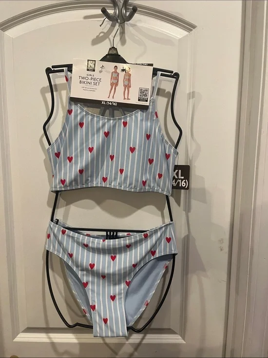 Girls Two-Piece Swim Bikini - Light Blue with Red Hearts