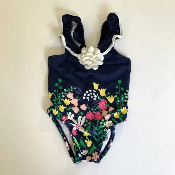 Janie and Jack Swimsuit Navy Blue‎ Floral Ruffle Baby Girl 12-18 Months Preppy