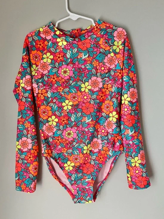 New Girls Floral Long-Sleeve Rash Guard Swimsuit - Pink/Coral