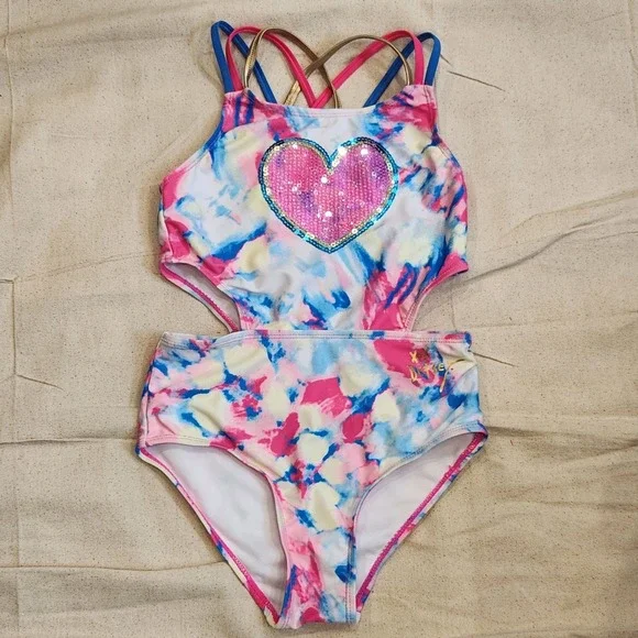 XOX Betsey Johnson Girls Tie Dye Sequin Heart Monokini Swimsuit 10 One Piece