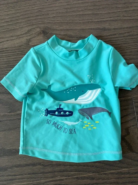 Kids Teal Whale Graphic Rashguard - Short Sleeve Swim Top