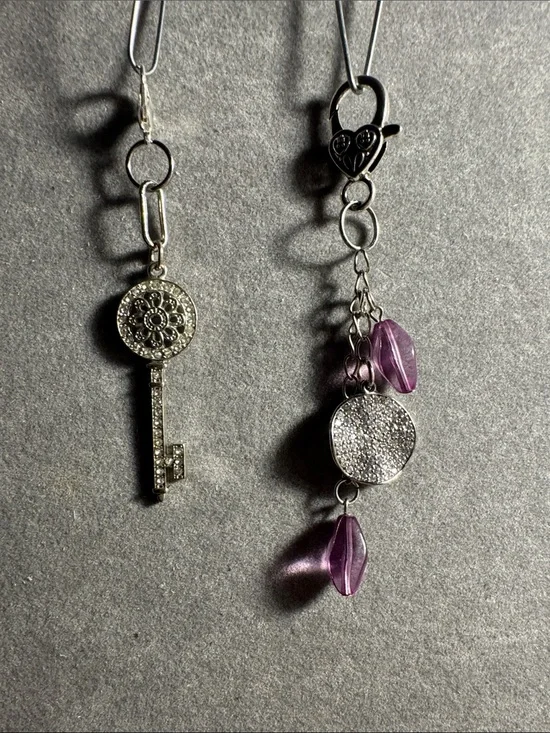 Hand Crafted Silver Key and Purple Bead Card Holder Charm