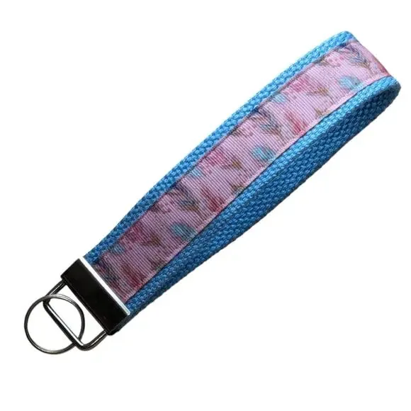 Feather Keychain Wristlet‎ Handmade Boho Fabric Key FOB Sturdy Farmhouse Teal