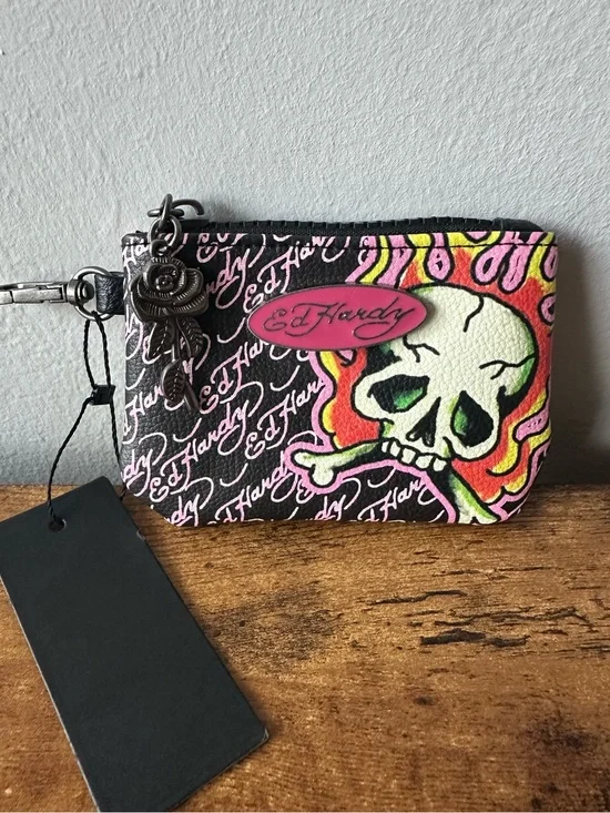 Ed Hardy Black Pink Skull Zip Pouch Wallet Bag Charm Keychain Metal Logo NWT